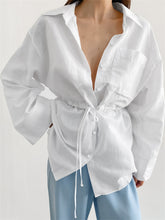 Camisas casuales blancas con cordones, prendas de vestir exteriores para mujer, cárdigan de manga larga con parches, blusa, abrigo, novedad de 2024